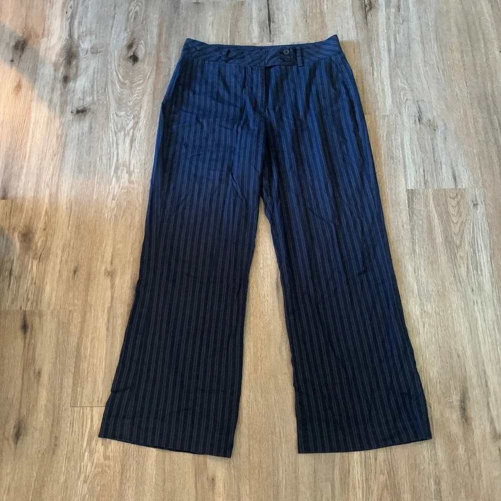 DKNY Womens Navy Blue Pinstripe Wide Leg Trousers Size 10 Cotton Stretch Pants
